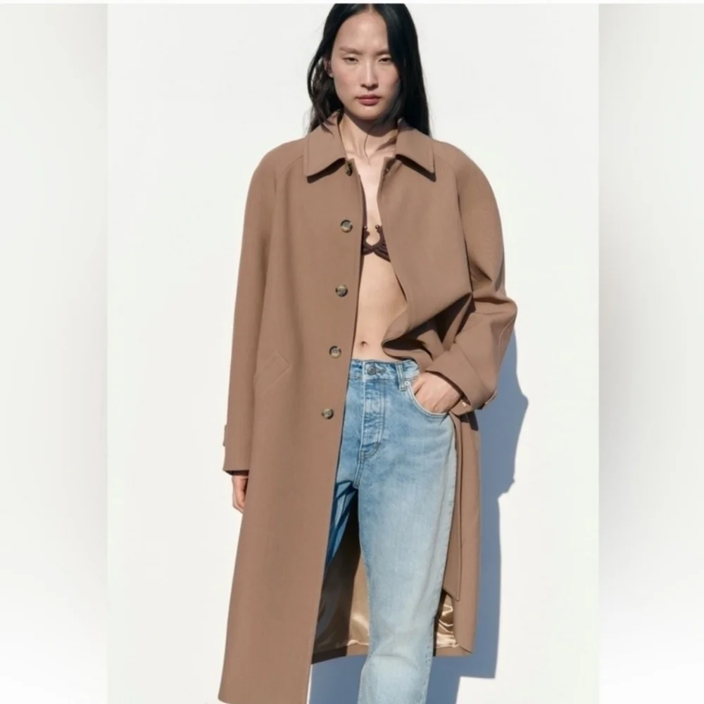 New Zara Champagne Long Pocket Coat Ref 2848/948 Small - Picture 5 of 14